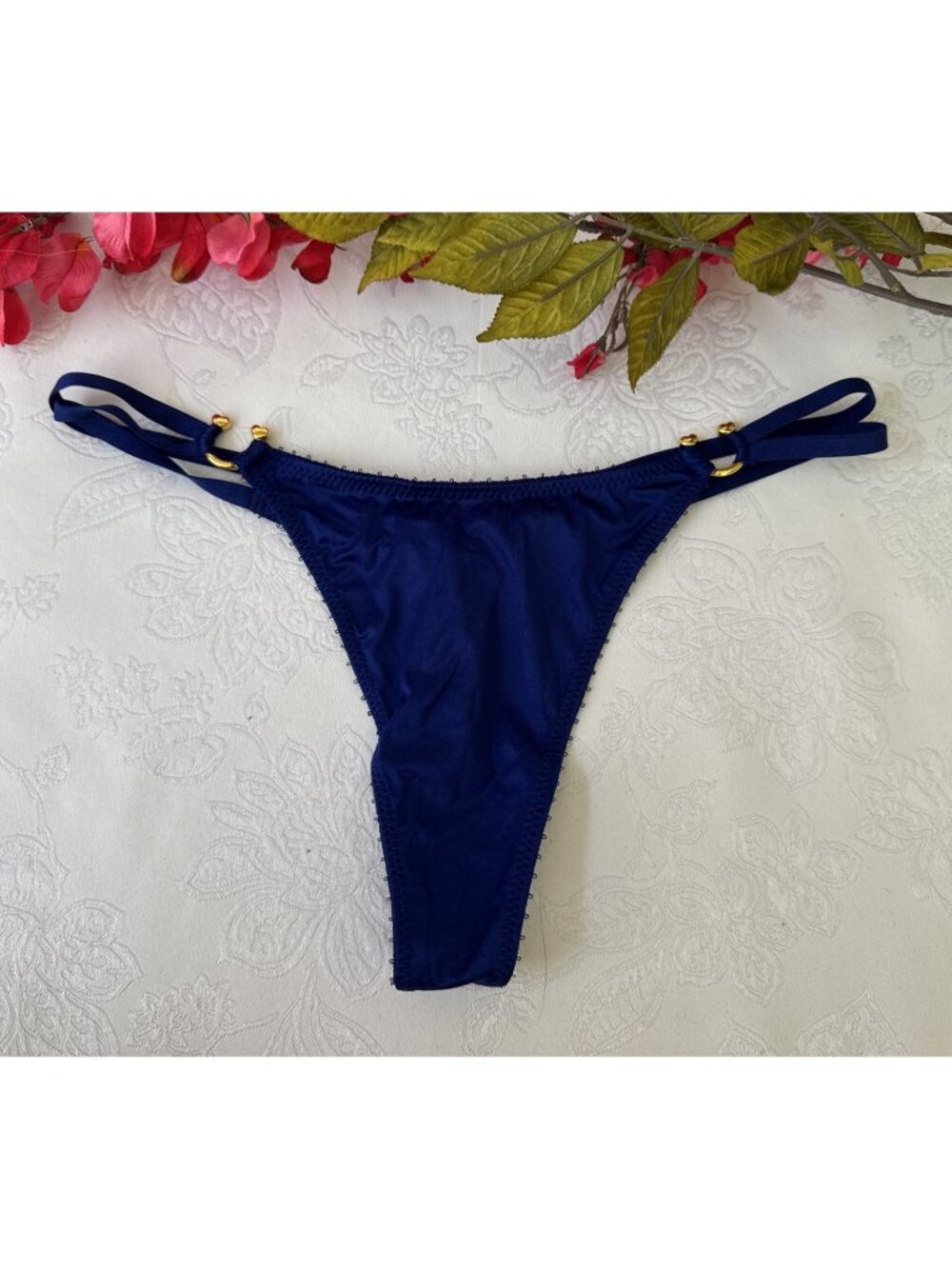 VICTORIA'S SECRET S BLUE SILKY VERY SEXY STRAPPY CHARM HI LEG THONG PANTIES NWT